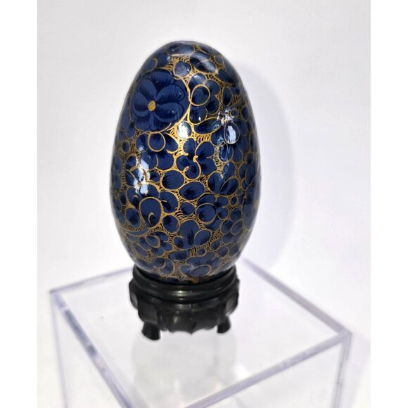 Hand-Painted Floral Wooden Egg Blue and Gold Asian Art With Black Stand je215 - Picture 2 of 12
